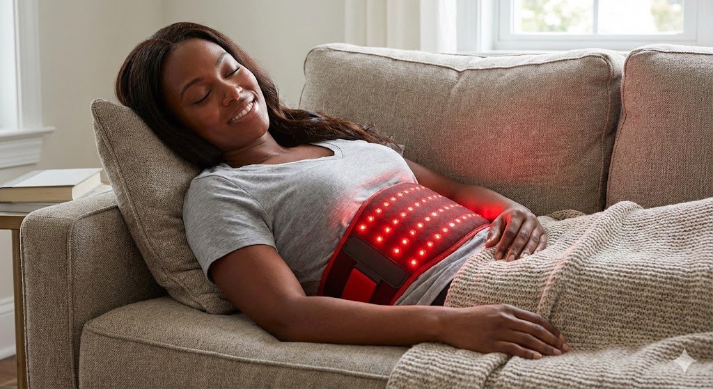 Woman using red light therapy device as part of her menstrual wellness routine